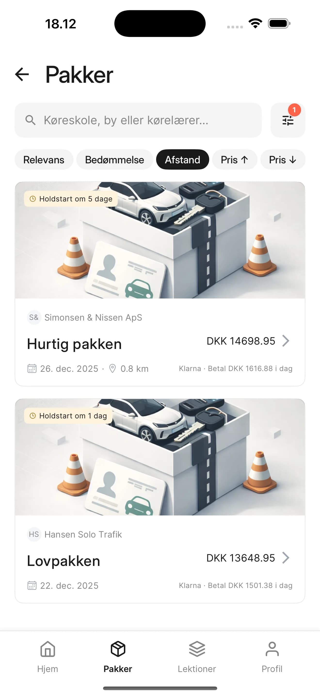 Elev pakke markedsplads i Startkørekort appen